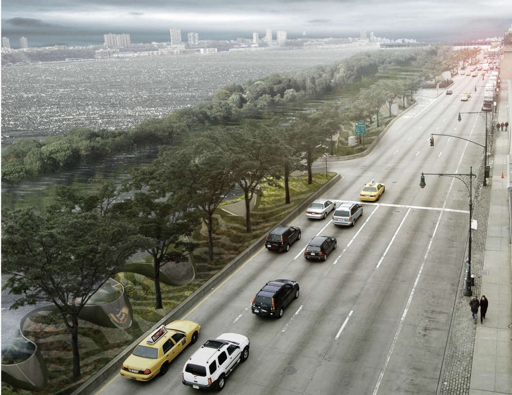 A landscaped berm along the river protects the city from storm surges. Image: the BIG Team